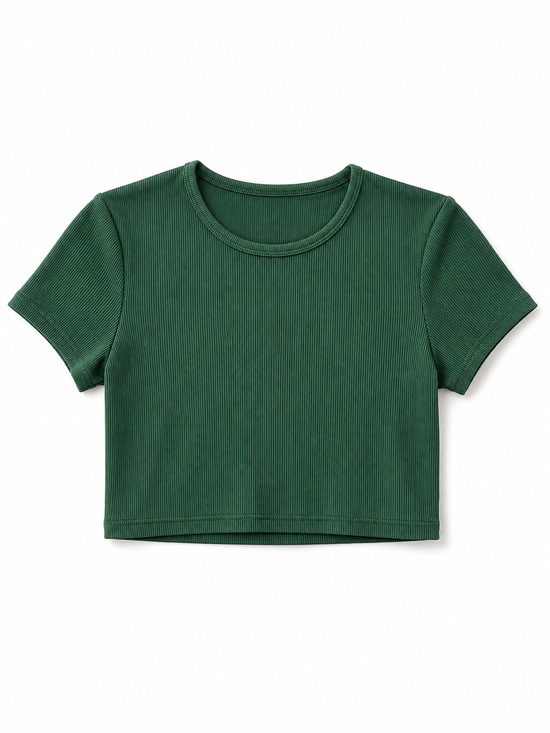 No Brand Tops - Forest Green Ribbed Crop Top Short Sleeve Scoop Neck XS
